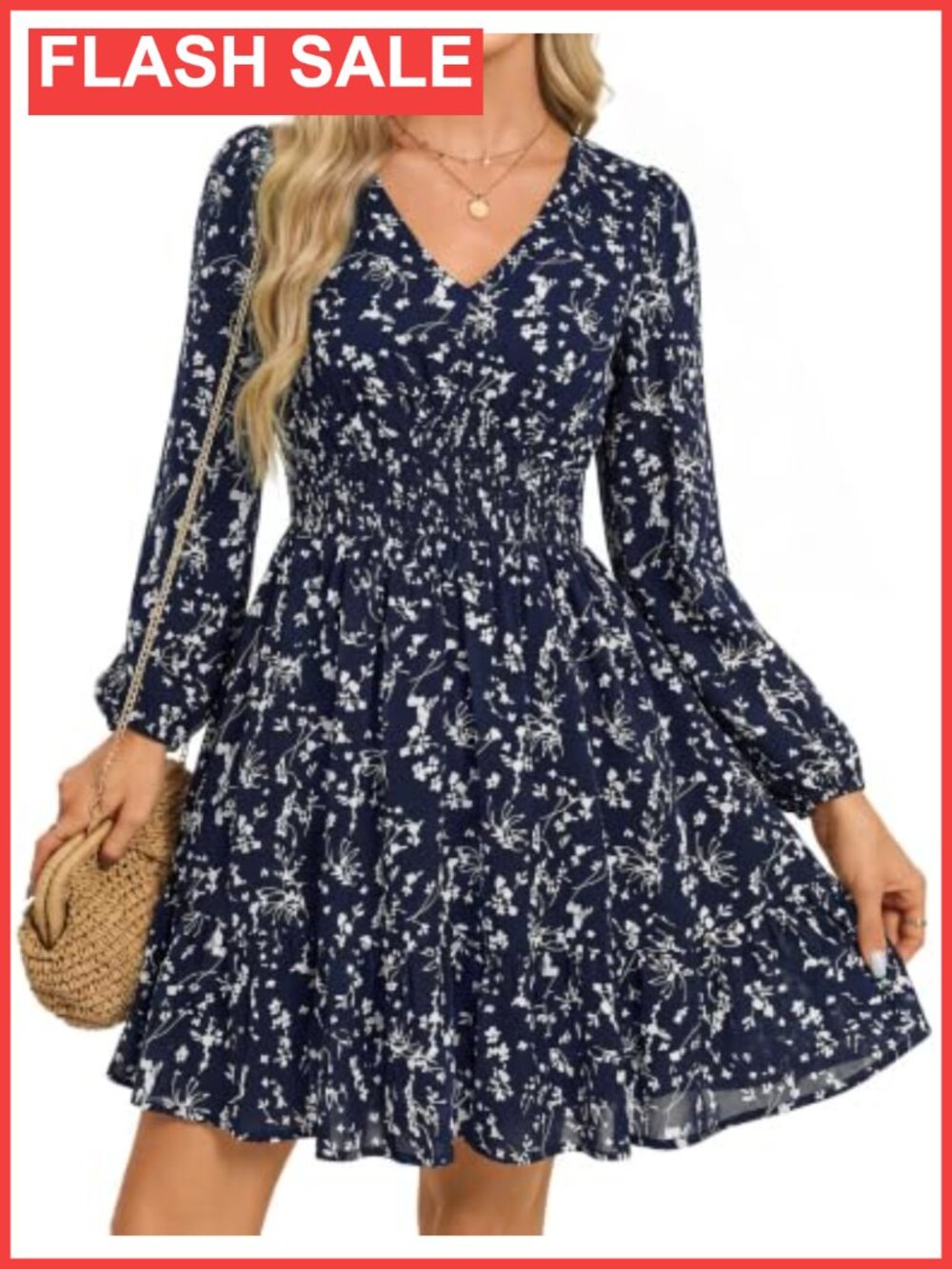 Womens Floral Chiffon Mini Dress Long Sleeve V-Neck Smocked Waist A-Line
